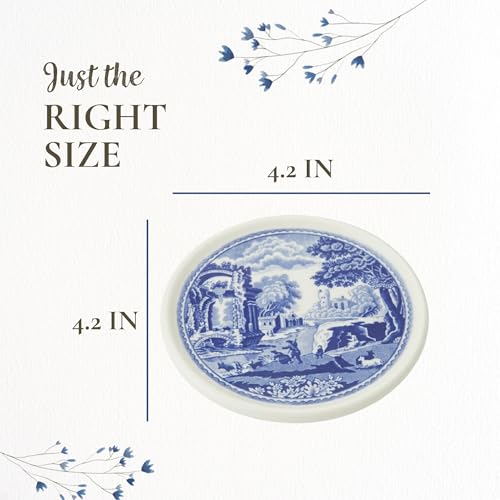 Spode Blue Italian Coasters for Drinks | Set of 4 | Ceramic Coasters and Holder | Tabletop Protection | Housewarming or Birthday Gift | Round (Blue/White)