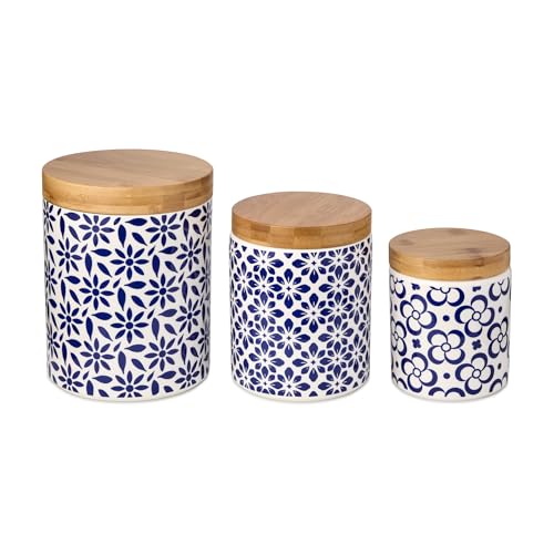 Madison 3pc Canister Set - Premium Porcelain with Bamboo Lids, Blue and White Patterns - Large 96 oz, Medium 80 oz, Small 30 oz - Perfect for Pantry Storage and Organization