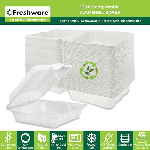 Freshware Compostable Clamshell Food Containers [8x8" 200-Pack] Disposable To Go Containers, Biodegradable Sugarcane To Go Boxes - Heavy Duty Paper Containers - Microwave & Freezer Safe, Stackable