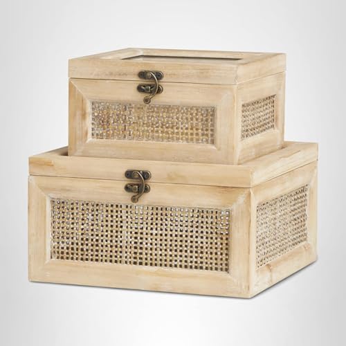 Deco 79 Wood Decorative Box Glass Top Decorative Keepsake Boxes with Rattan Side Panels and Bronze Hook Closures, Set of 2 Storage Boxes 9", 7"W, Light Brown