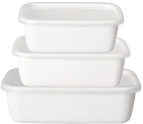 Nodahoro Enameled Storage Container, Heat Resistant, Rectangle, Deep, S, M, L, Size, Set of 3 Sizes, Includes Seal Lid, White Series, Made in Japan