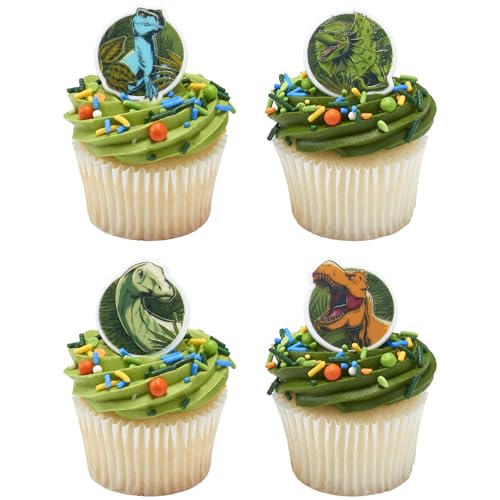 DecoPac Jurassic World Cupcake Rings, 24 Dinosaur Cupcake Decorations For Birthday, Party, Celebrations- 24 Pack