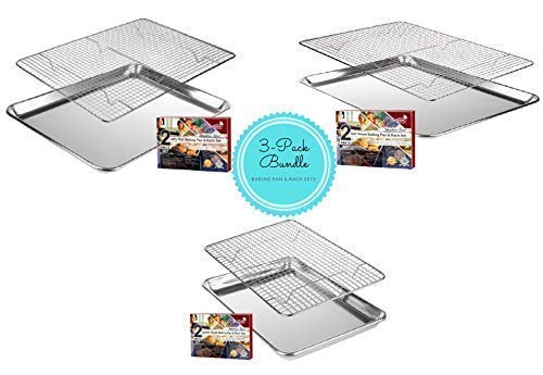 3 Pack Stainless Steel Wire Cooling, Baking, Roasting Rack with Aluminum Cookie Pan Tray Set- Heavy Duty, Commercial Quality - (1 Half Sheet, 1 Jelly Roll & 1 Quarter Sheet Pan Rack Sets)