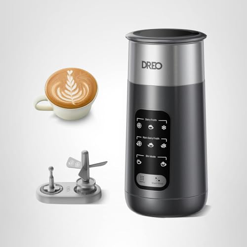 DREO Milk Frother, 8-in-1 Electric Stainless Steel Frother for Latte Art Microfoam and Coffee, 9oz/270ml Warm and Cold Foam Automatic Frothers, LED, Easy to Clean