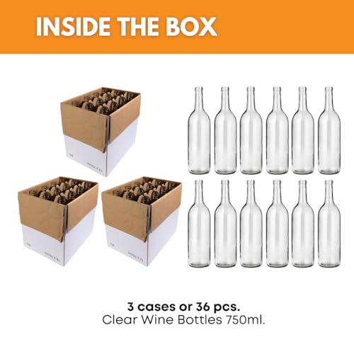 FastRack - 750 ml Clear Glass Wine Bottles (Pack of 36) | W5 Claret/Bordeaux Bottles | Flint Flat-Bottomed Cork Top for Wine Making | 3 Cases of 12 - NO CORKS INCLUDED