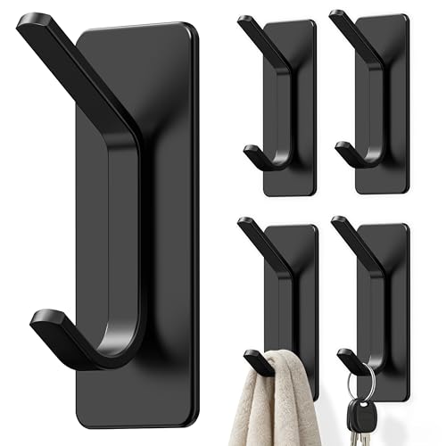 Auxmir Self Adhesive Hooks for Hanging 15lb, Stainless Steel Wall Hooks for Coat and Towel, Waterproof Oilproof Rustproof Adehesive Door Hanger for Bathroom Shower Kitchen Office RV, Black, 5 Pack