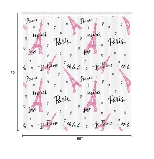 Ambesonne Eiffel Tower Shower Curtain, France Paris Oh La La Eiffel Tower Hearts Calligraphy Doodle Style Artwork, Cloth Fabric Bathroom Decor Set with Hooks, 69" W x 70" L, Black Pink