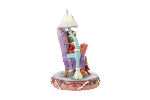 Enesco Dr. Seuss Grinch by Jim Shore Grinch Reading Chair with Lamp Lit Figurine, Stone Resin Hand Crafted Collectible Light Up Christmas Figurines Home Decor Sculpture Statue, 8 Inch, Multicolor