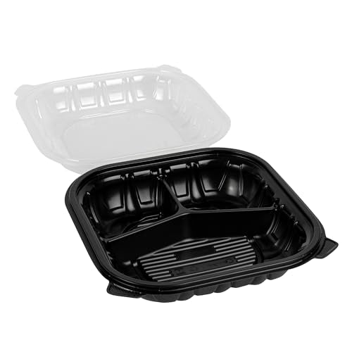 Thermo Tek 40 Ounce Clamshell Containers, 50 Disposable Take Out Boxes - 3 Compartments, Ventilated Lids, Black Plastic Meal Prep Containers, Microwavable, For Pasta Or Salads - Restaurantware