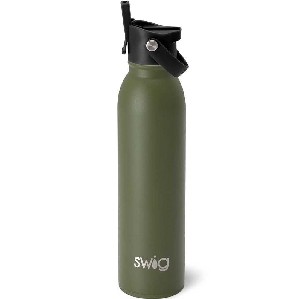 Swig Life 20oz Insulated Water Bottle, Travel Water Bottle with Straw and Lid, Cup Holder Friendly, Stainless Steel (Matte Olive)