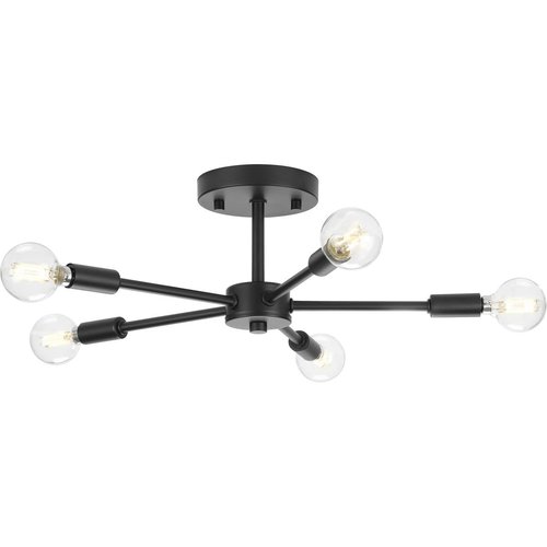 Progress Lighting Delayne Collection 16 in. 5-Light Matte Black Close-to-Ceiling Light Etched Glass Modern