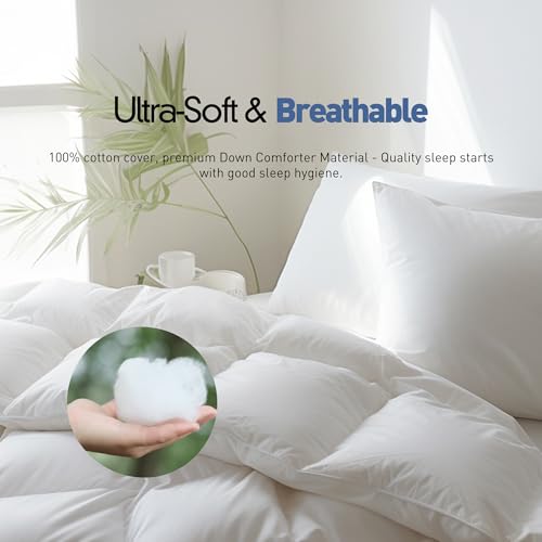 Luxurious Queen Size Goose Feather Down Fiber Comforter Duvet Insert,Fluffy Ultra-Soft 100% Cotton, Hotel Collection Comforter,56 oz Fill Weight, All Season Medium Warmth 90 x 90 Inch White Solid