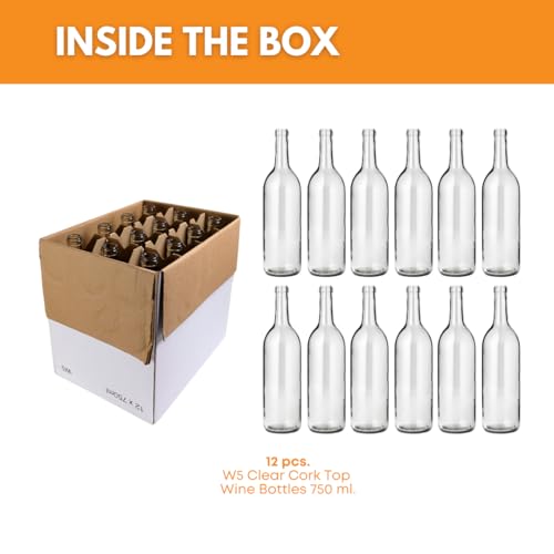 FastRack - 750 ml Clear Glass Bottles Wine Bottles (Pack of 12) | NO CORKS INCLUDED | Clear Bordeaux Flint Flat-Bottomed Cork Top Bottle for Wine Making | Case of 12