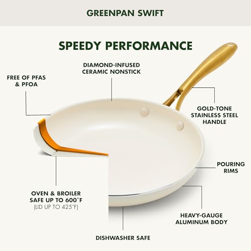 GreenPan Swift 12" Ceramic Nonstick Frying Pan Skillet with Lid, PFAS & PFOA-Free Healthy Cooking, Gold Stainless Steel Handle, Versatile Cooking Essentials, Dishwasher & Oven Safe, Cream