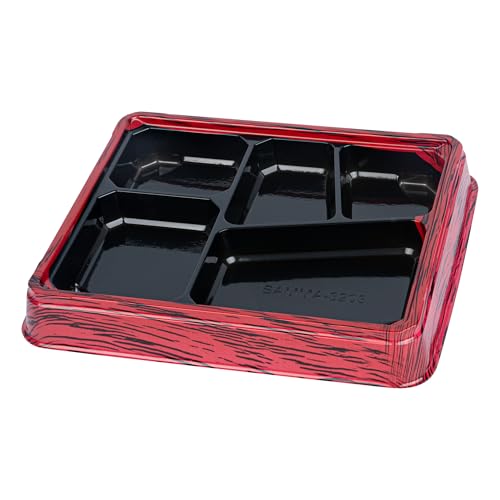 Restaurantware-Bento Tek 18.3 Ounce Meal Prep Containers, 100 Disposable To Go Food Boxes - Lids Sold Separately, 5 Compartments, Red And Black Plastic Bento Lunch Boxes, Freezable, For Take Out