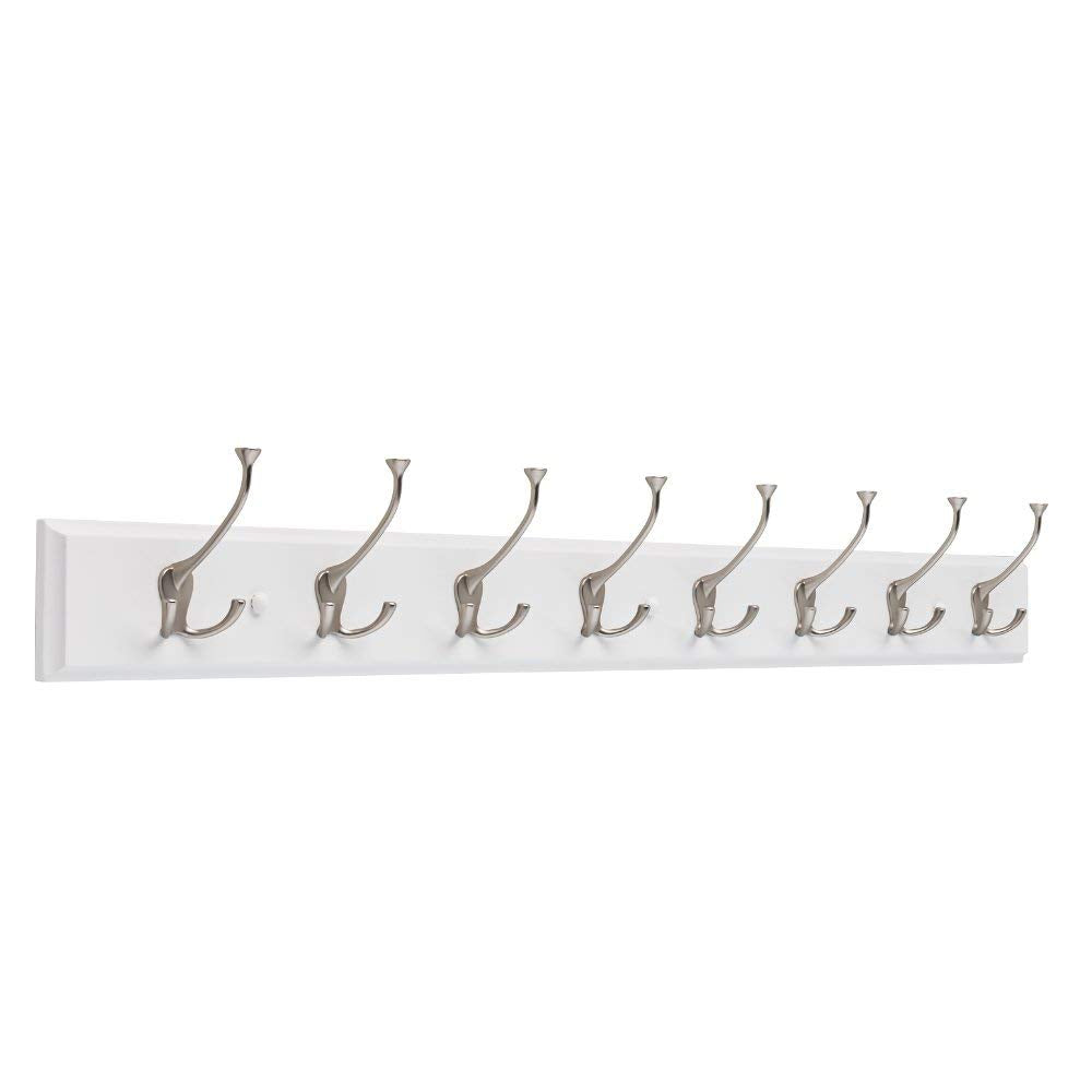 Franklin Brass Tri-Hook (1-Pack) 45" Coat Rack Wall Mount Pure White Hat Rack with 8 Hooks Hanging Hook Rail for Clothes, Towels, Purses, Bags, Kitchen, Entry, Closet Organization R33646K-PMN-R