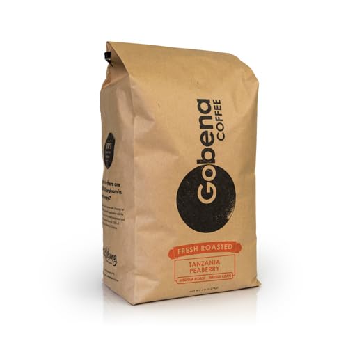 Gobena Coffee 5lb Tanzanian Peaberry Whole Bean, Medium Roast, 80oz, Bulk Coffee