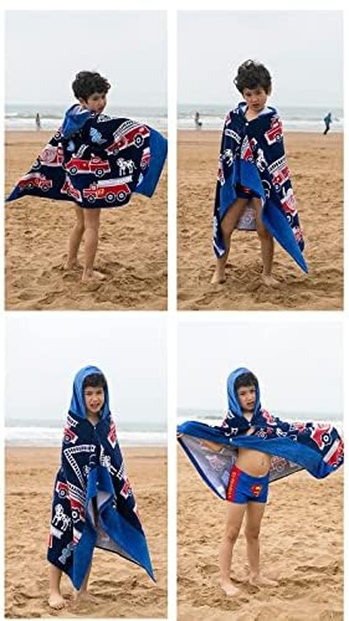 BANGSAUR Kids Hooded Beach Towels, 100% Cotton 50x30 inches Bath Pool Towel Wrap, Toddlers Boys 3-12 Years Coverup Fire Truck