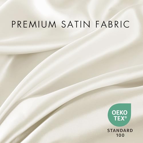 Madison Park Essentials Satin Sheet Set Luxury and Silky with Natural Sheen, Elastic 14" Pocket fits up to 16" Mattress, All Around Elastic - Year-Round Bedding, Full, Ivory, 6 Piece