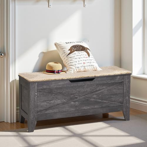 VECELO 43.3" Storage Chest with Lift Top Storage, Farmhouse Style Ottoman with Handwoven Wicker Cushion, Safety Hinges, Ideal for Entryway, Bedroom, Living Room, Coal Gray