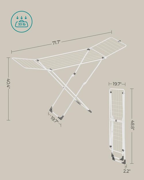 SONGMICS Clothes Drying Rack, Metal Laundry Drying Rack, Foldable, Space-Saving, Free-Standing Airer, with 2 Gullwings, Indoor Outdoor Use, Bed Linen Clothing, White ULLR540W01