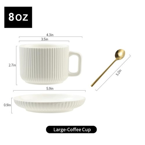 AYUCIA 8 Ounce Cappuccino Cups Set of 4, Latte Mugs with Saucers and Spoons, White Cream Ceramic Coffee Mugs Tea Cups for Cappuccino Latte Mocha Au Lait Macchiato Cafe