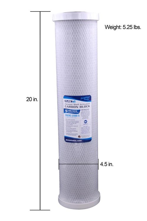 PureT HQCBC-20BB-5, 20x4.5" Coconut Carbon Block Filter - NSF Certified - Cononut Shell Activated Carbon removes Chlorine, Dirt and More (5 u Micron Rated)