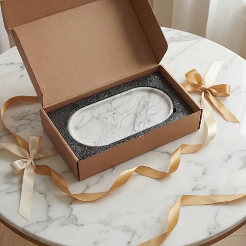 YKAJO 11.6" x 5.9" Oval Real Marble Tray for Bathroom & Kitchen Counter — 100% Natural Stone Decorative Vanity Tray for Dresser & Perfume — Heavy Catchall Organizer for Soap & Jewelry, White Gray