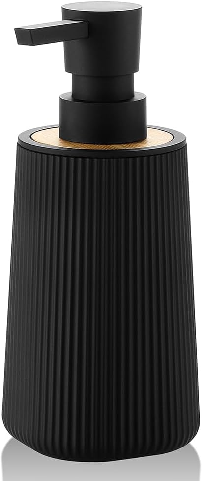 Skiennix Small Soap Dispenser - Modern Farmhouse Striped Design | Black Plastic with Bamboo Accent