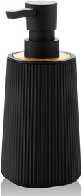Skiennix Small Soap Dispenser - Modern Farmhouse Striped Design | Black Plastic with Bamboo Accent
