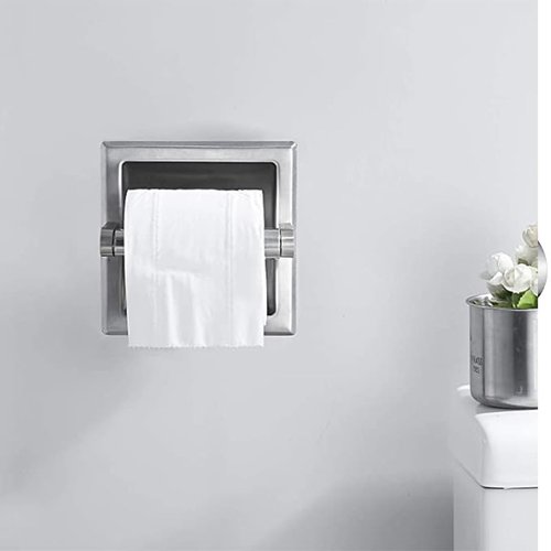 LSWYYP Recessed Toilet Paper Holder,Stainless Steel Square Wall Mounted Toilet Tissue Roll Holder,Toilet Paper Holder Insert for Bathroom Accessories,Brushed Silver
