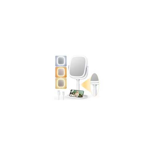 Glowtop Height Adjustable Lighted Makeup Mirror with Magnification, 20X Magnifying Mirror with Light 4000mAh Rechargeable, Tray Base and Phone Stand for Desk - Creamy White