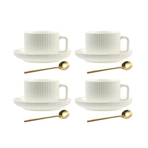 AYUCIA 8 Ounce Cappuccino Cups Set of 4, Latte Mugs with Saucers and Spoons, White Cream Ceramic Coffee Mugs Tea Cups for Cappuccino Latte Mocha Au Lait Macchiato Cafe