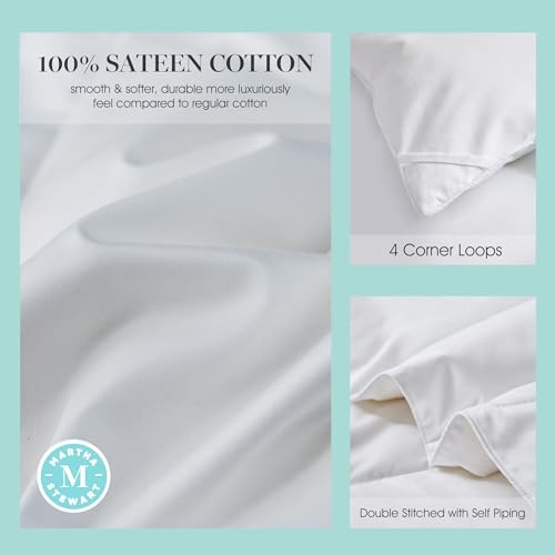 Martha Stewart 650 Fill Power Fluffy White Down Comforter - Light Warmth Down Duvet Insert 300 Thread Count 100% Sateen Cotton Bedding Comforter with Corner Loops Twin Size Made in USA - 68" x 90"