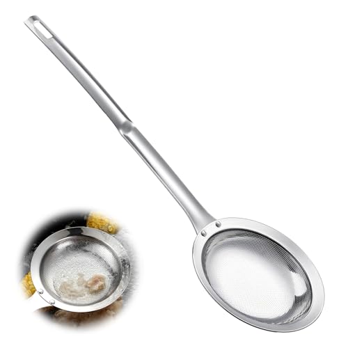 Fat Skimmer Spoon Filter Grease Foam Fine Mesh Stainless Steel Sieve Colander, Fry Oil Filter for Cooking Extra Fine Strainer with Handle Handheld Sieve Spoon for Food Strainer Kitchen Gadget (Medium)