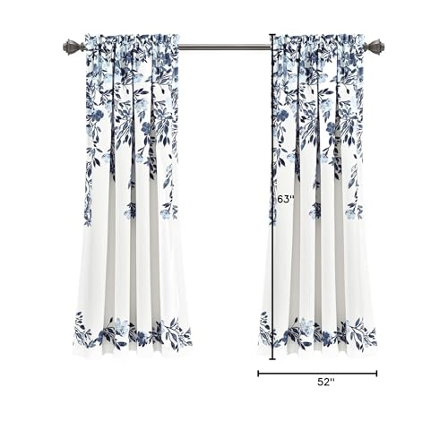 Lush Decor Tanisha Curtains - Light Filtering Window Panel Set, Pair - Floral Vine Print, Beautiful, Modern, Elegant Home Decor - 52" W x 63" L, Navy & White