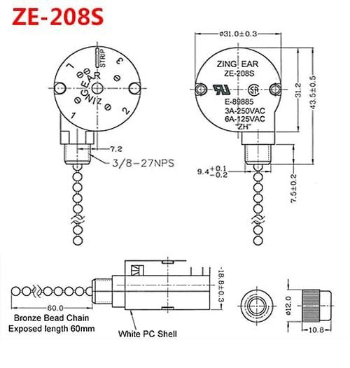 Ceiling Fan 3 Speed Switch With 4 Pre-Installed Wires - Zing Ear ZE-208s E89885 4 Wire Pull Chain Fan Light Replacement Part (Bronze Chain)