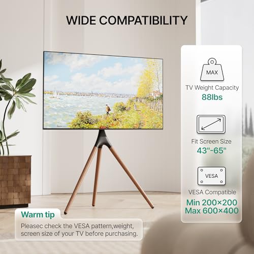 ECOTINY Artistic Easel TV Stand for 43-65 Inch TVs, 180° Swivel Tripod TV Stand up to 88 lbs, Floor TV Mount with Cable Management for Bedroom, Living Room and Corner, Max VESA 600 x 400mm