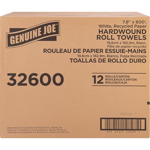 Genuine Joe Embossed Hardwound Roll Towels, 2" Core, 1-Ply, 7.8" x 600', White, 12 Count