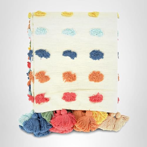 Creative Co-Op Soft Woven Cotton Throw with Tufted Dots and Tassels, Multicolor