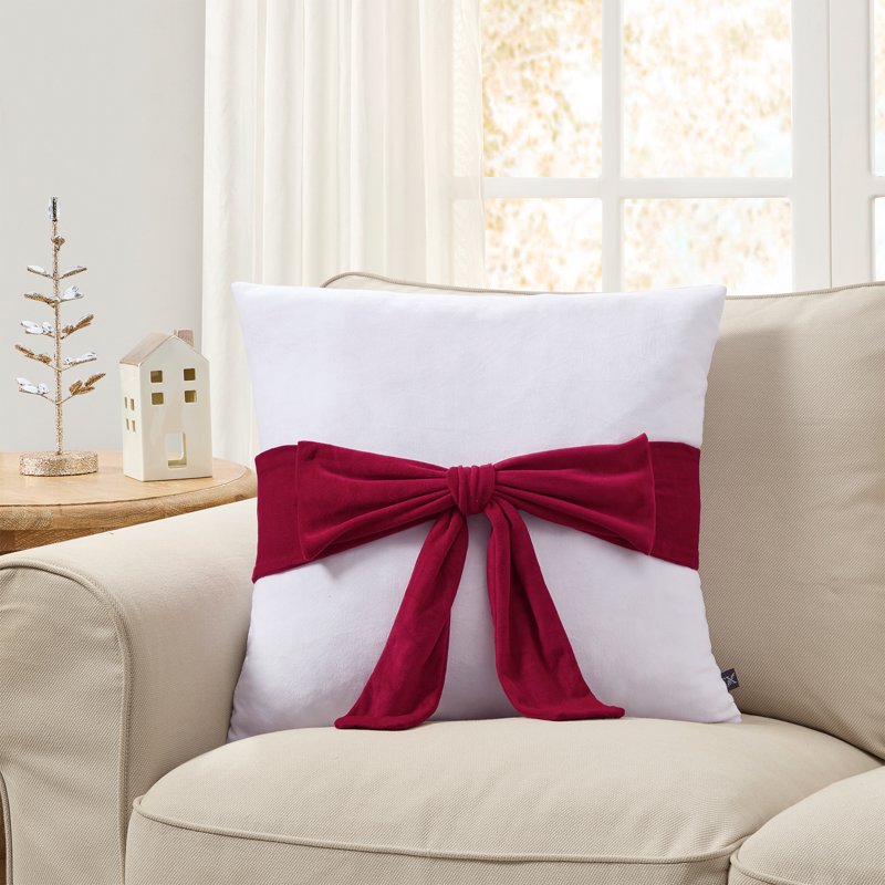 White and Red Velvet Bow Decorative Pillow 20x20 Inch Holiday Accent