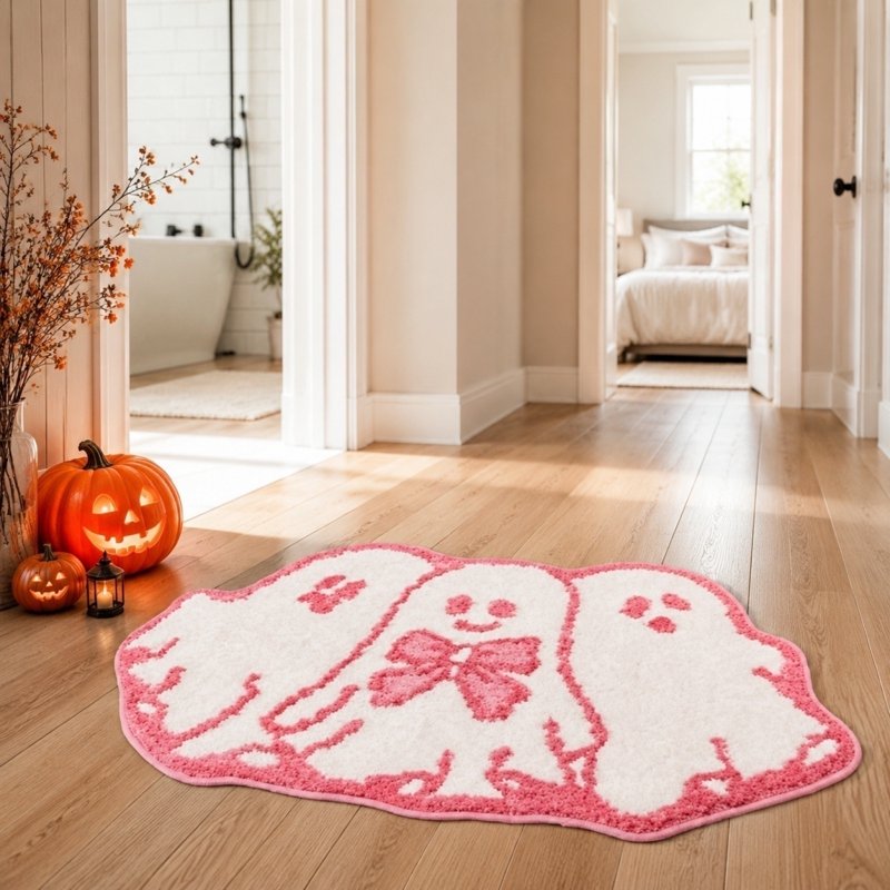 Halloween Ghost Door Mat 24x16 Inch Non-Slip Entryway Rug - Black+White Ghost Variation