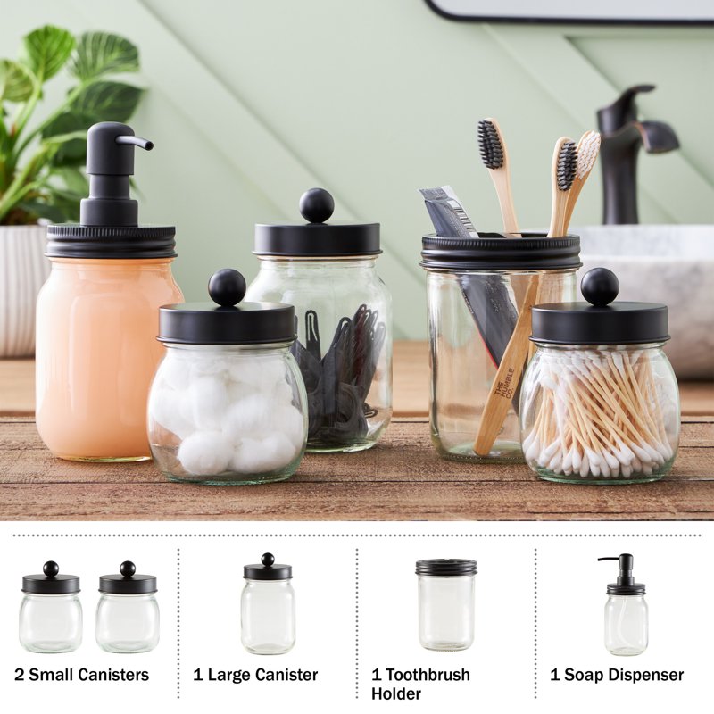 Black Mason Jar Bathroom Accessories Set - 5-Piece Home Decor