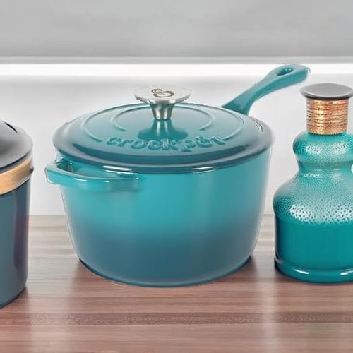 Crock-Pot 3-Quart Teal Ombre Enamel Cast Iron Saucepan with Lid – Durable Oven Safe Cookware