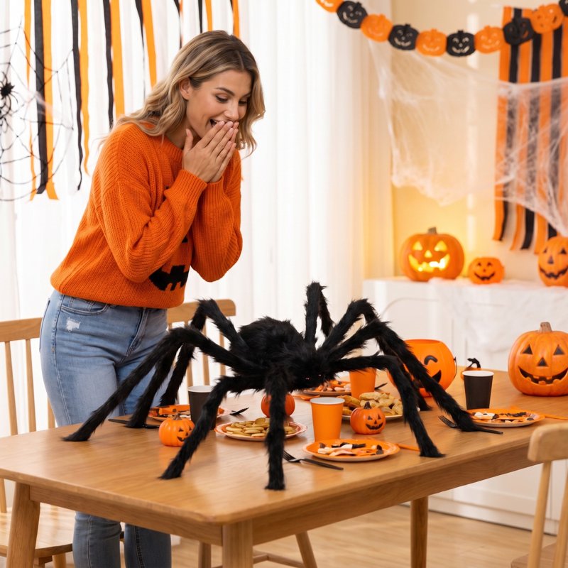Giant Voice Activated Black Furry Spider Halloween Decor - Crawling Animated Prop
