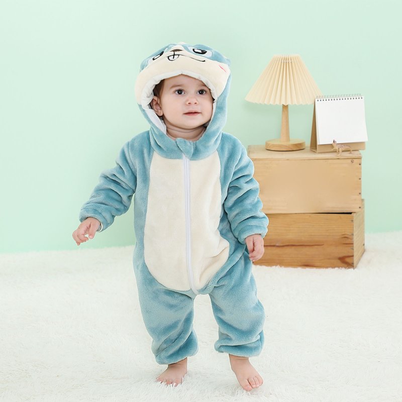 Kids Animal Hooded Flannel Romper - Blue, 18-24 Months