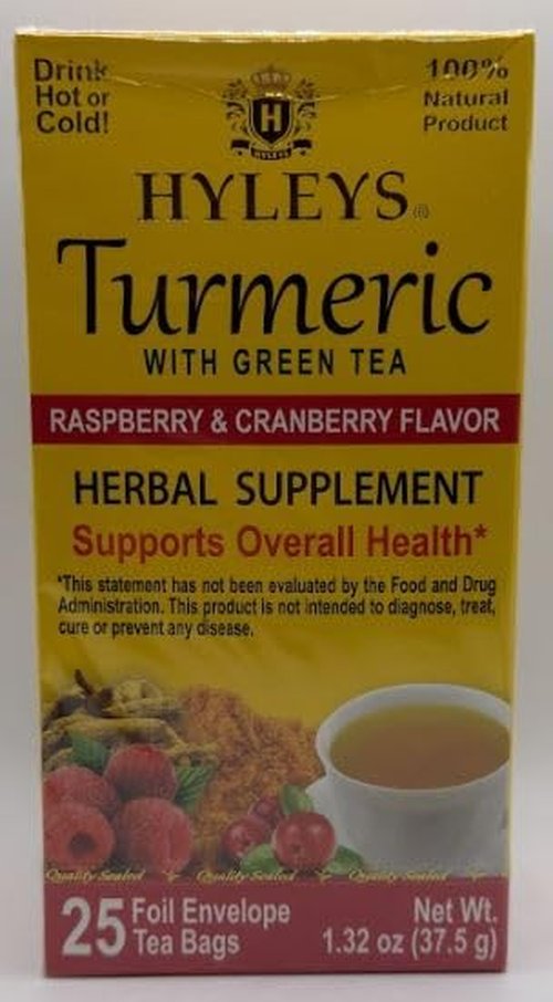 Hyleys Turmeric Green Tea - Green Tea with Turmeric Root - Raspberry & Cranberry Flavors - Herbal Tea Bags - 25 Individually Wrapped Tea Bags (12 Pack - 300 Tea Bags Total)