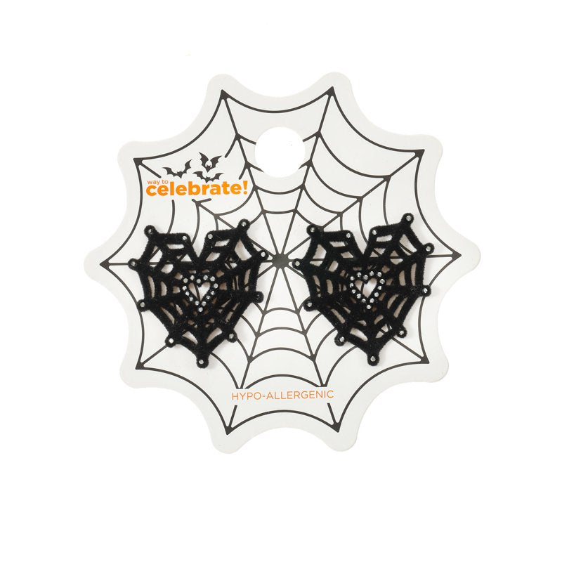 Halloween Earrings Velvet Heart Spiderweb Studs - Spooky Season Jewelry