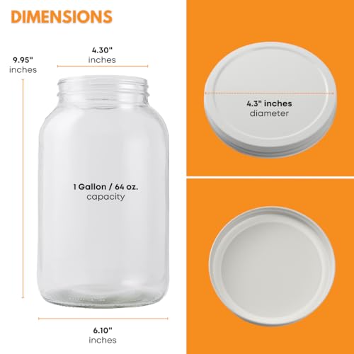 FastRack - One Gallon Wide Mouth Jar with White METAL Airtight Lid (Pack of 4) | Glass Canisters with Airtight Lids | Large Mouth Glass Jar with Fermentation Lid for brewing, fermentation and pickling