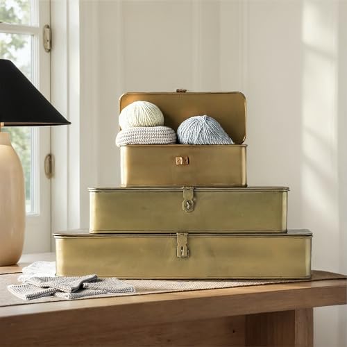 Creative Co-Op Decorative Metal Boxes with Gold Finish (Set of 3 Sizes)
